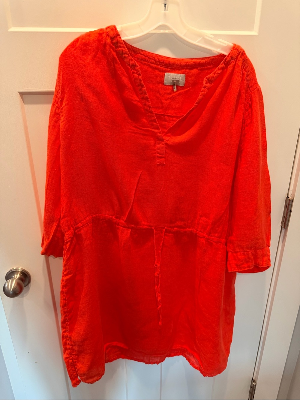 Pure Collection US 14 16 Orange 100% Linen Dress Relaxed V Neck Midi